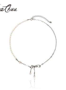 【墨镜项链耳钉套装】MeeChuu蝴蝶结珍珠项链女银轻奢小众锁骨链