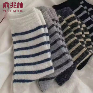 俞兆林袜子女中筒袜秋冬ins潮流堆堆黑白学院风韩版百搭洋气条纹