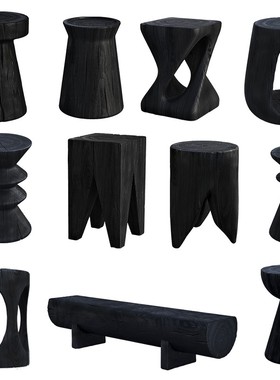 欧式实木家用墩子碳化黑色原木民宿展厅摆件木桩根雕休闲短凳