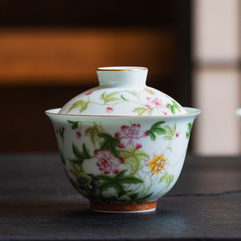 九桃五福陶瓷盖碗单个仿古粑花二才白瓷大号家用功夫茶具泡茶器杯