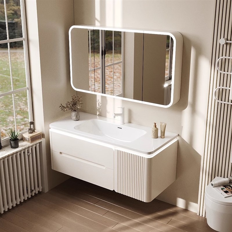 浴室柜组合陶瓷一体盆智能卫生间加厚实木洗手洗脸盆洗漱台奶油风