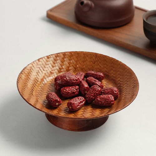 竹编高脚盘大漆茶点盘中式高足零食盘子手工干果盘水果篮点心托盘