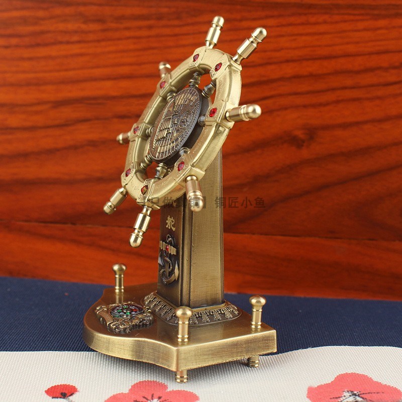 高档纯黄铜舵手落地领航者船舵指南针转转汽车载小摆件桌面装饰品