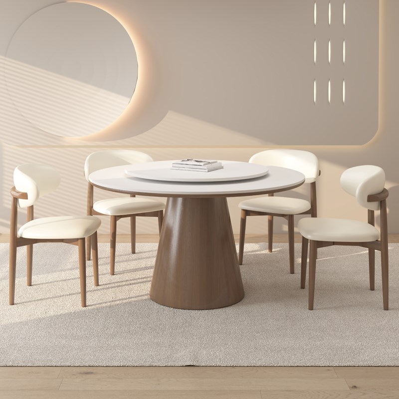 德利丰实木岩板餐桌圆形家用小户型侘寂奶油风黑色全托吃饭圆桌子