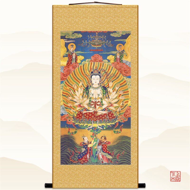 明清古画版 准提佛母菩萨观世音挂图人物画 复古绢布卷轴挂画定制