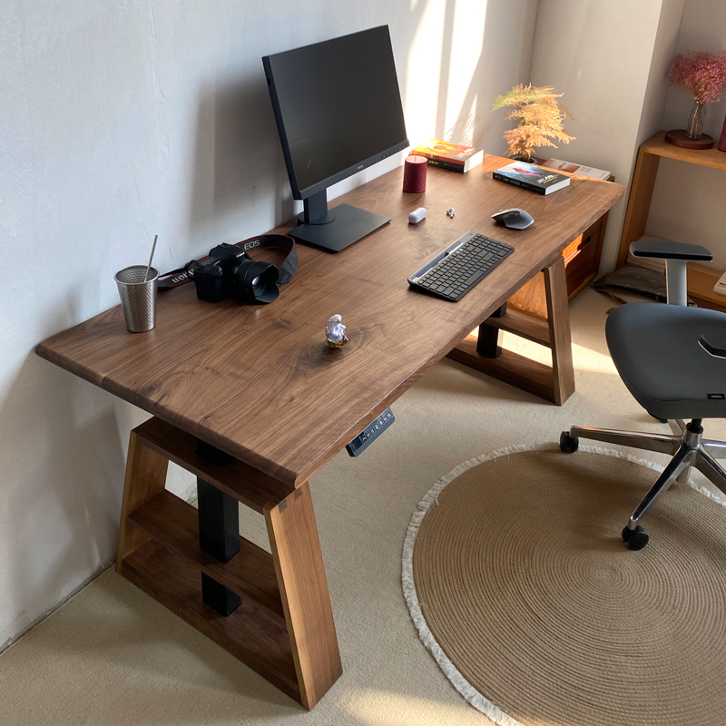 黑鲨实木电动升降桌黑胡桃木书桌智能自动升降桌子实木工作台定制