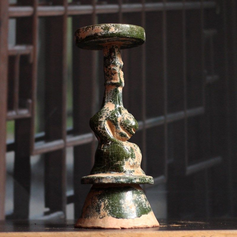 陶瓷灯座汉绿釉灯台摆件仿古陶瓷中式家居装饰收藏艺术品一道釉