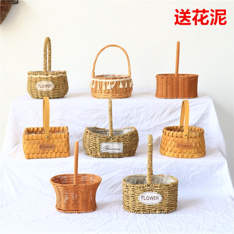 花篮草编藤编手提插花篮子手工编织花盆鲜花干花礼品篮装饰摆件