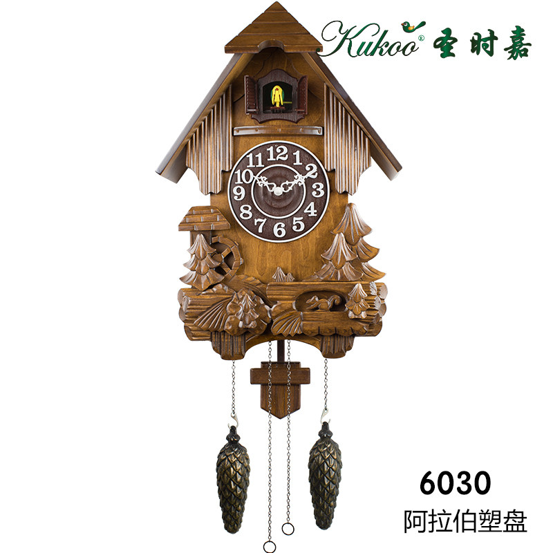 圣时嘉实木咕咕钟布谷鸟钟静音彩绘复古欧式客厅家用壁挂钟表6030
