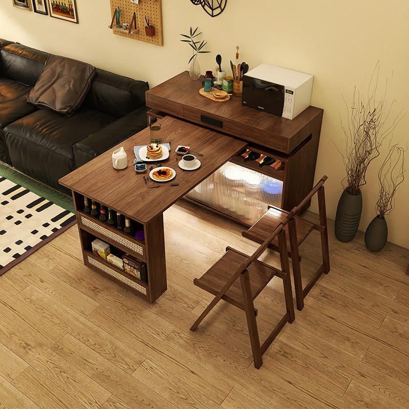 实木旋转岛台餐桌一体家用可伸缩小户型多功能复古风吧台餐桌一体