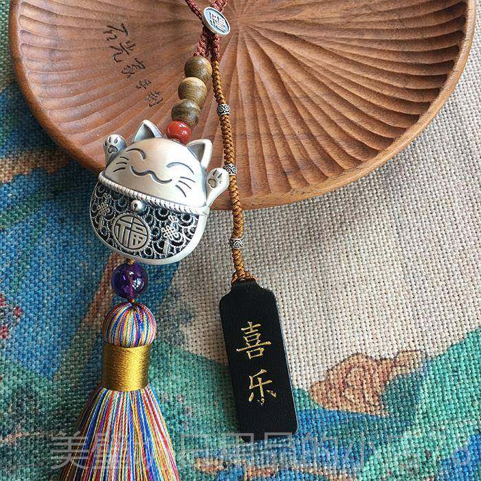 高档纯银车招财猫挂载挂饰好物高档网红汽车挂车件手工原创平安车