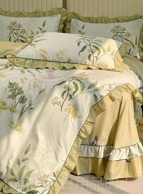 高档高级感A类纯棉花边四件紫色1奢全棉床单被套套公主轻风.8床上