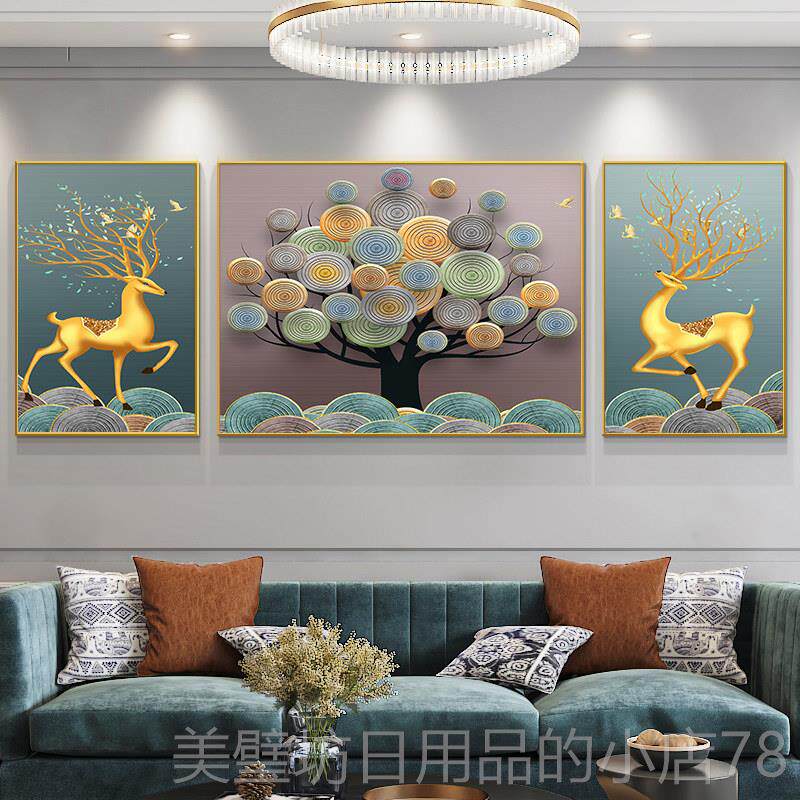 高档现极简近主客厅装饰义画沙发背景墙幸运麋鹿挂画大气平易人豪