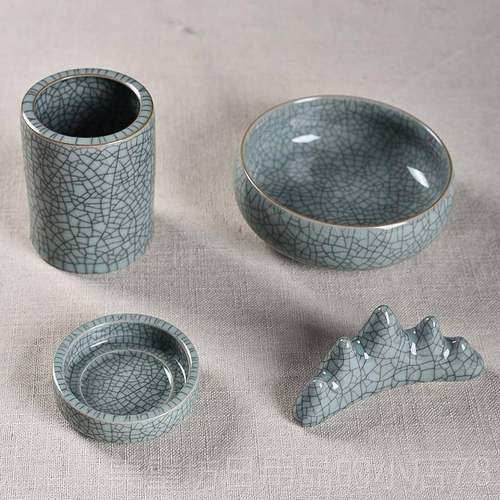 高档特价包邮瓷架文房四用品套宝装陶瓷笔洗砚滴笔笔筒书法毛笔青