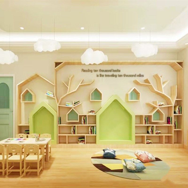 幼儿园大厅形象墙书柜满墙树形儿童书架走廊装饰环创板学校图书馆