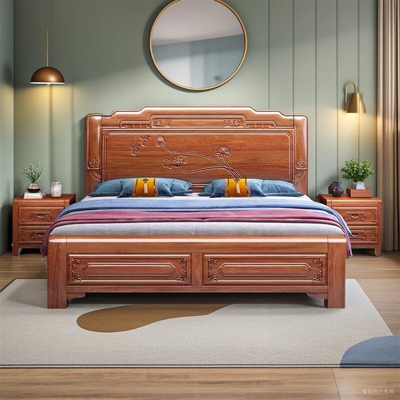 中式全实木床雕花金花梨木双人大床仿古1.8米榫卯原木床工厂直销