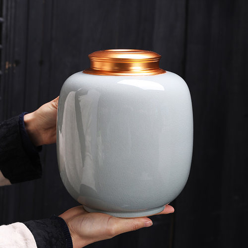 尚云品茶叶罐子陶瓷密封罐金属双盖密封自吸盖藏茶罐茶仓防潮家用