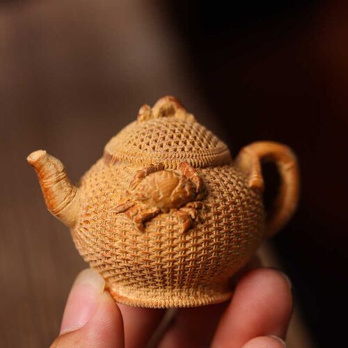 崖柏木雕螃蟹渔篓茶壶手把件茶宠八方来财家居桌面装饰摆件把把壶