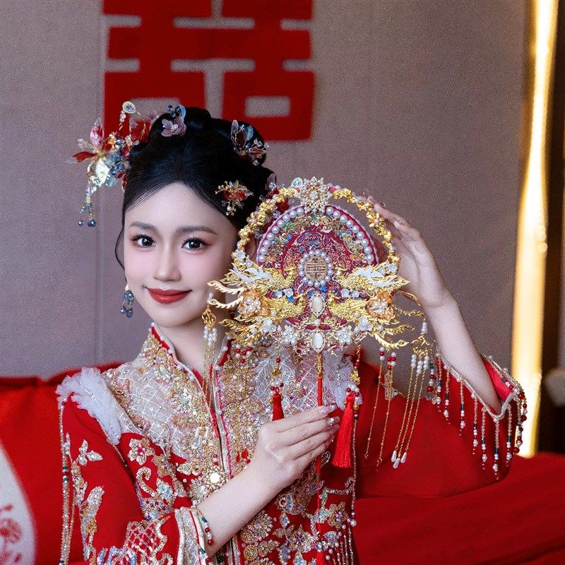 团扇新娘结婚红色双面diy材料包喜扇遮面扇秀禾中式婚礼扇子送礼