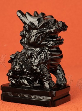 天然黑曜石色麒麟招财摆件住宅办公室玄关窗台桌面坐款装饰工艺品