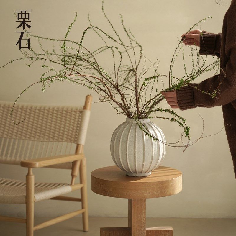 栗石【静】侘寂风陶瓷圆肚花瓶摆件客厅玄关电视柜粗陶罐子插花器