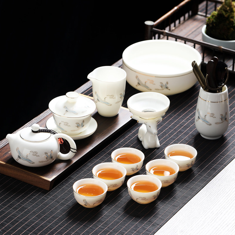 茶具套装家用羊脂玉茶杯功夫白瓷泡茶壶盖碗整套陶茶洗六君子高档