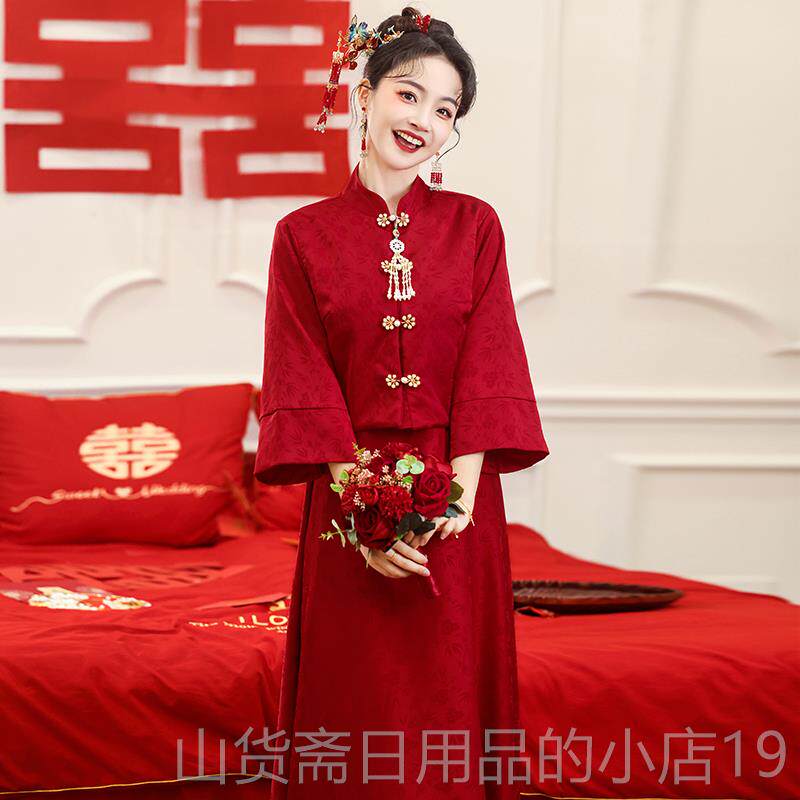 高档古红色孕妇敬酒服中式复订婚旗袍大码新娘出阁回婚门结礼服裙
