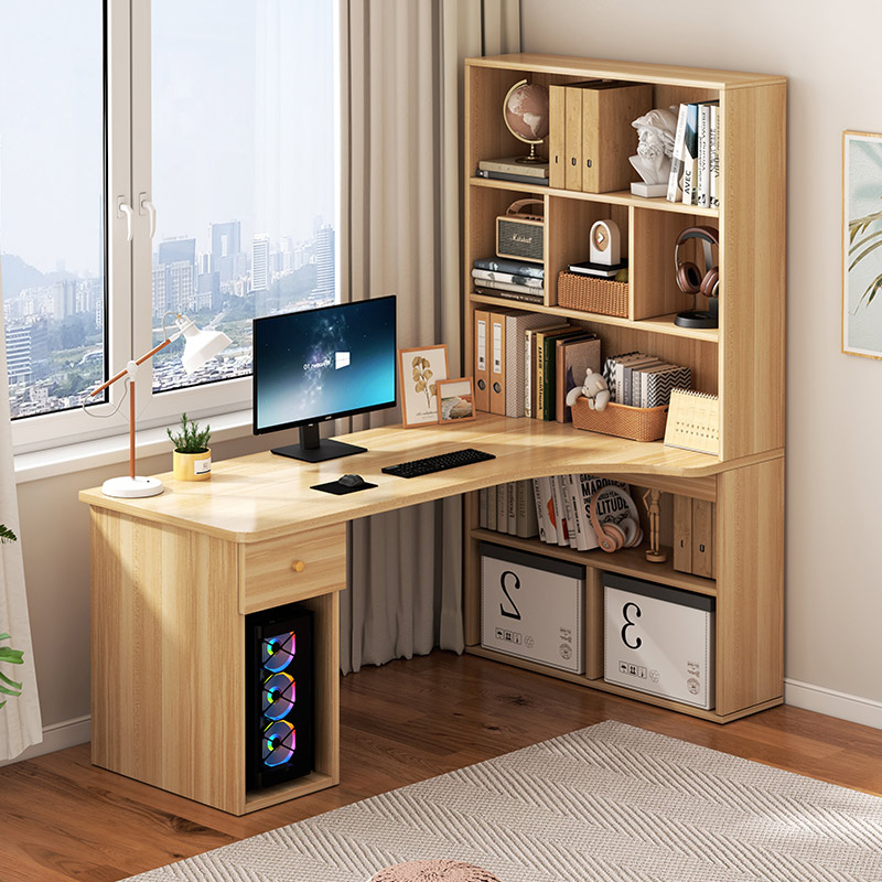 书桌书架一体桌学生家用卧室简易学习书桌简约转角电脑桌带书架