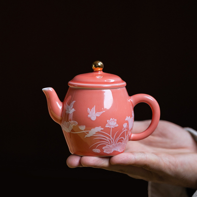 堆花团花锦簇得福壶家用粉色功夫茶具泡茶壶手工单壶陶瓷过滤壶