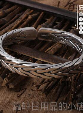 正品工编织999足银男女情侣泰手手镯开口九股编织缠银花绵麻纯银