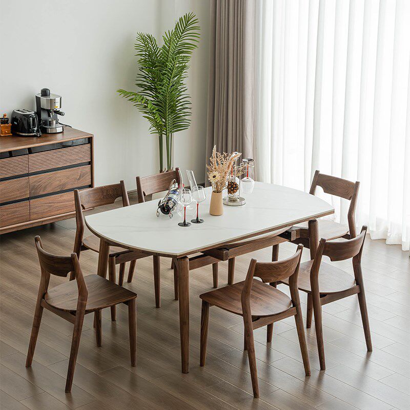 黑胡桃木折叠圆桌可伸缩餐桌可变方桌实木岩板大理石吃饭桌椅两用