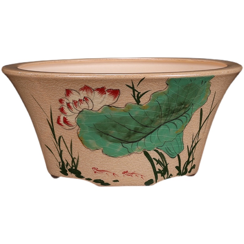 紫砂盆景花盆精品釉面兰花盆多肉绿植盆栽手工彩绘圆盆冰裂纹石湾