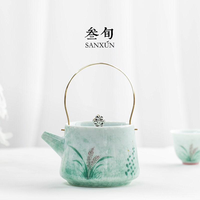 叁旬手绘蒹葭提梁壶陶瓷大容量中式功夫茶具家用便携泡茶壶套装