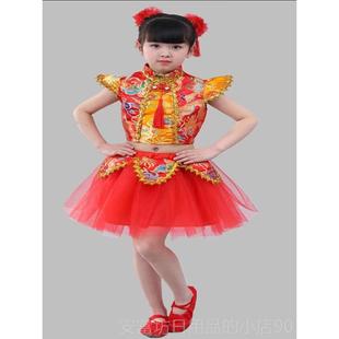 正品冰糖葫演芦舞民族蹈演出服装儿童喜庆蓬蓬纱裙打中鼓表服新年