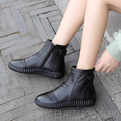 正品真0冬季皮女鞋224新款休闲皮鞋软皮平底妈靴妈羊毛短大码马丁