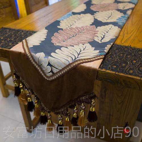 正品物美蓝色叶桌旗美式欧美风舍巾欧式床旗树桌旗北欧套装茶几旗