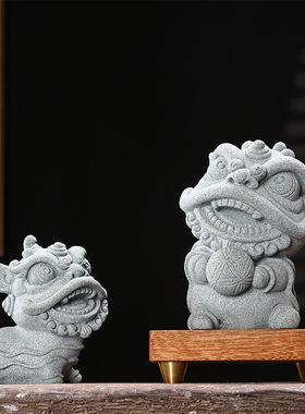 创意青砂石可爱抱球醒狮动物摆件家居客厅水族造景桌面茶宠装饰品