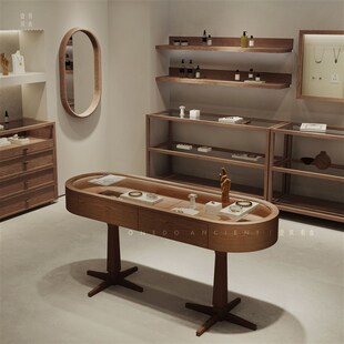 椭圆形多功能首饰品珠宝店中岛柜可移动玻璃展示实木柜台复古时尚