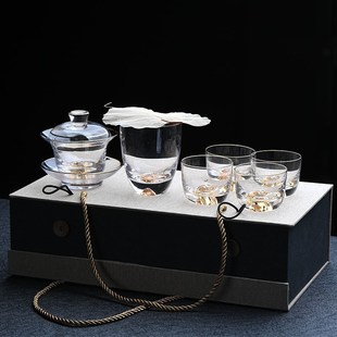 高档金山盖碗泡茶碗水晶玻璃品茗杯三才盖碗茶杯主人杯茶具礼盒