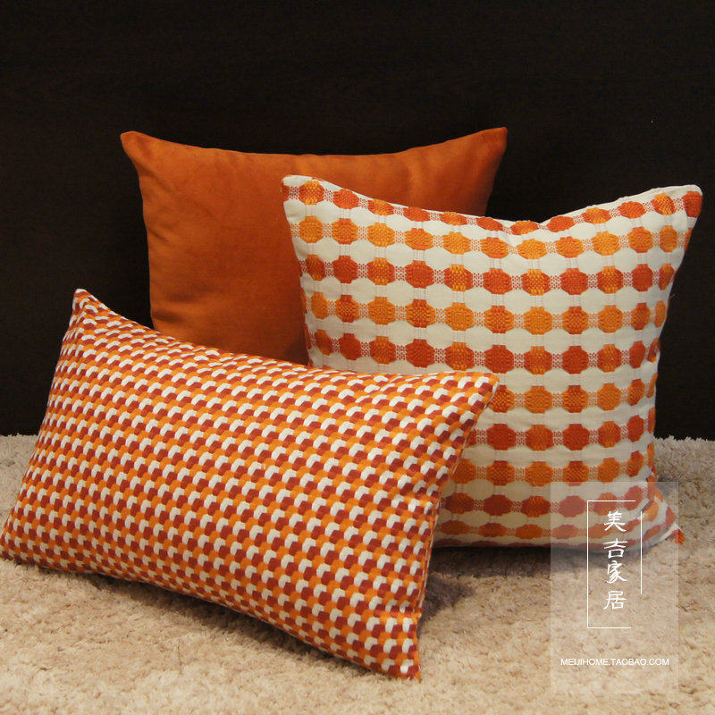 橘色格子现代简约沙发样板房抱枕套靠垫靠枕腰枕