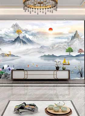 2023新款中式水墨山水壁画8d大气客厅流水生财电视背景墙纸3d壁纸