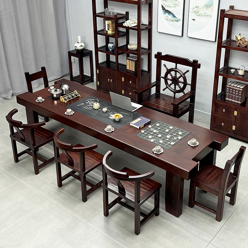 老船木茶桌椅组合实木办公室泡茶台家用功夫茶几一体套装一桌五椅
