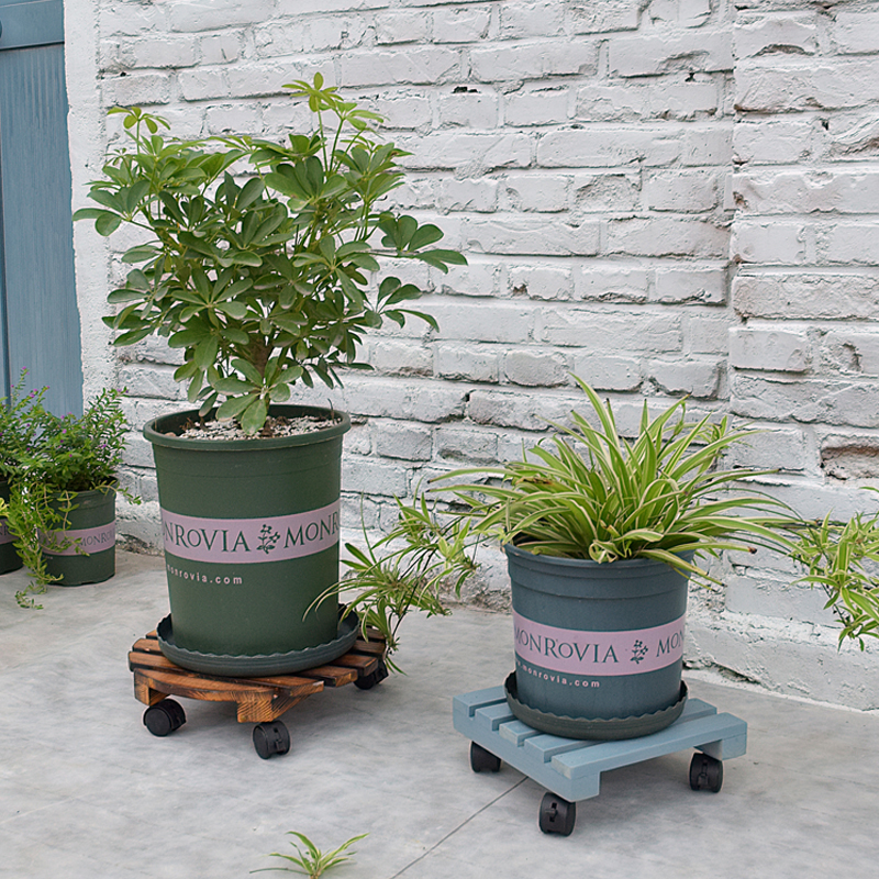 木质移动托盘阳台大花盆底座实木花架盆景架复古蓝色带刹车滚轮