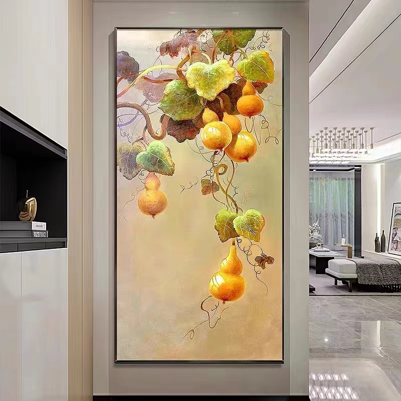纯手绘油画葫芦五福临门挂画玄关装饰画走廊过道欧式竖版中式壁画