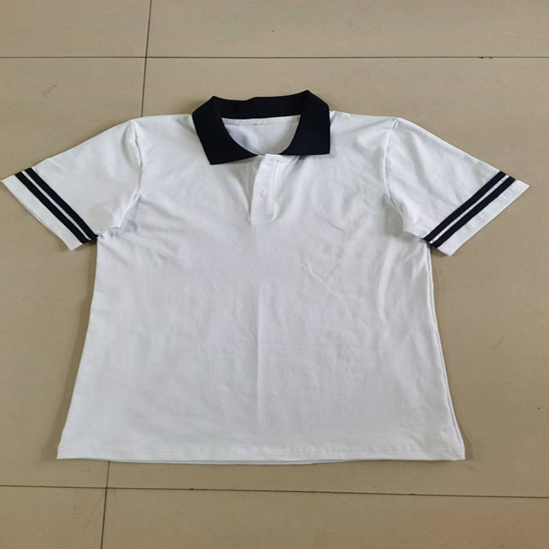 夏季薄款中小学生新款白色短袖拼接深蓝翻领校服休闲宽松短袖大码