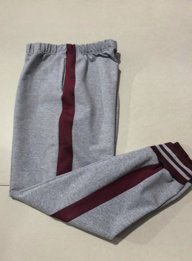 春秋新款中小学生灰色校裤拼接宽酒红杠束脚宽松休闲长裤大码定做
