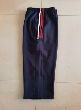 新款中小学生春秋深蓝色休闲裤拼接半截红白杠宽松直筒校服长裤子