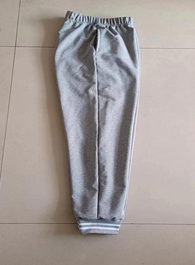 春秋新款中小学生浅灰色中腰校裤无条灰白杠束脚宽松休闲裤可定做