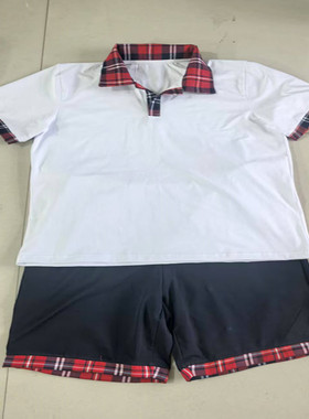 夏季薄款中小学生新款白色短袖拼接格子领字校服休闲宽松大码定做