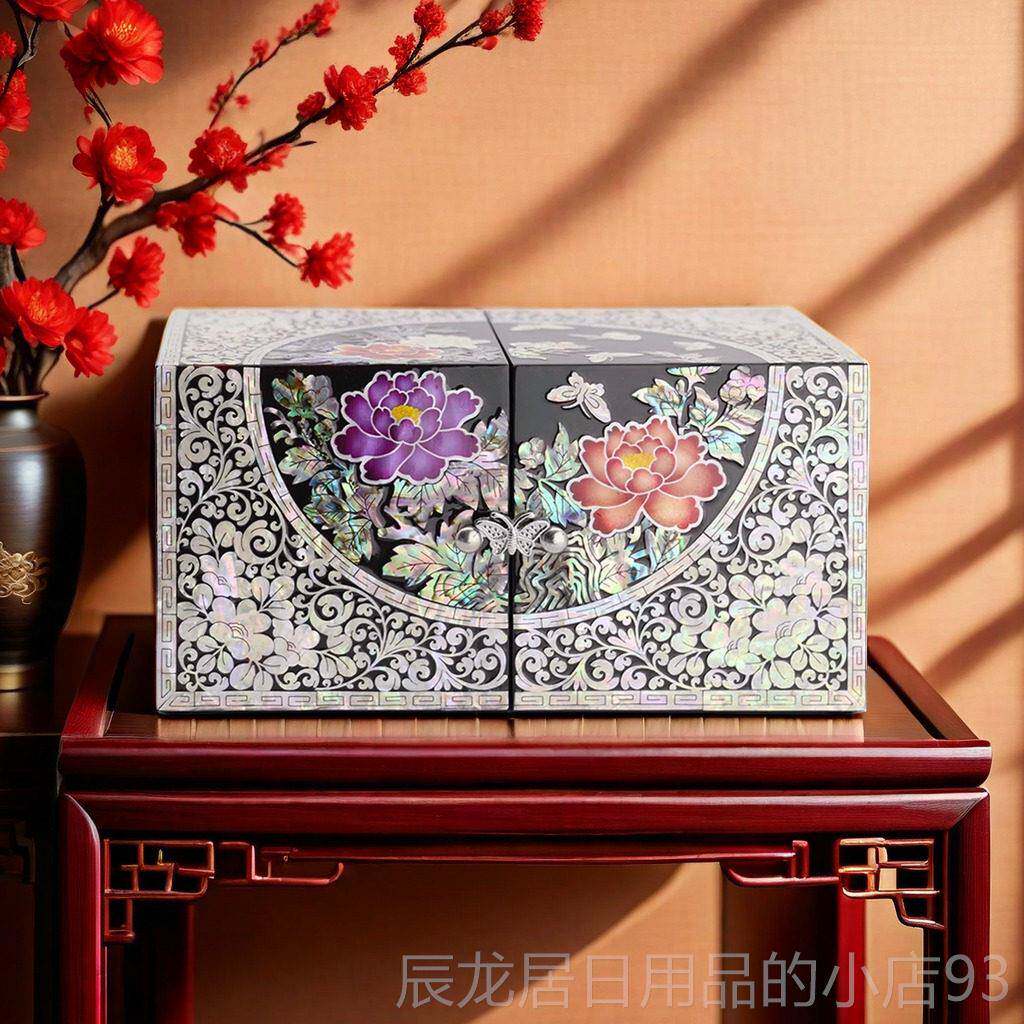 正品珠母漆珠母珍珍松鹤首饰盒手镯鲍鱼壳婚礼民族风格实中木戒指